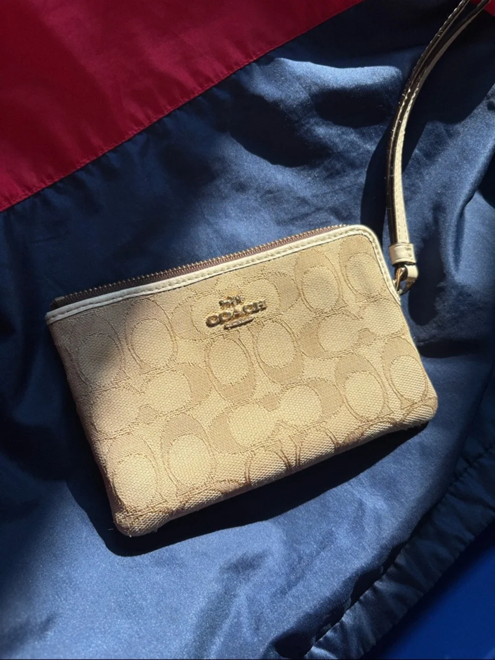 Coach Double Corner Zip Wristlet In Signature Canvas Beige Tan Brown